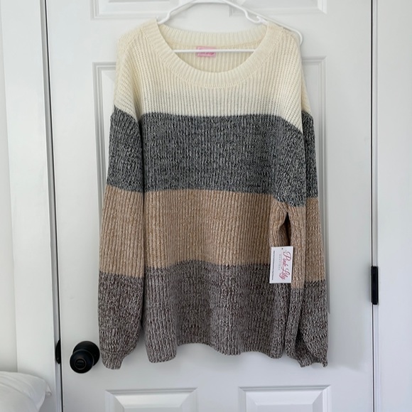 Pink Lily Balloon Sleeve Block Sweater - Picture 1 of 5